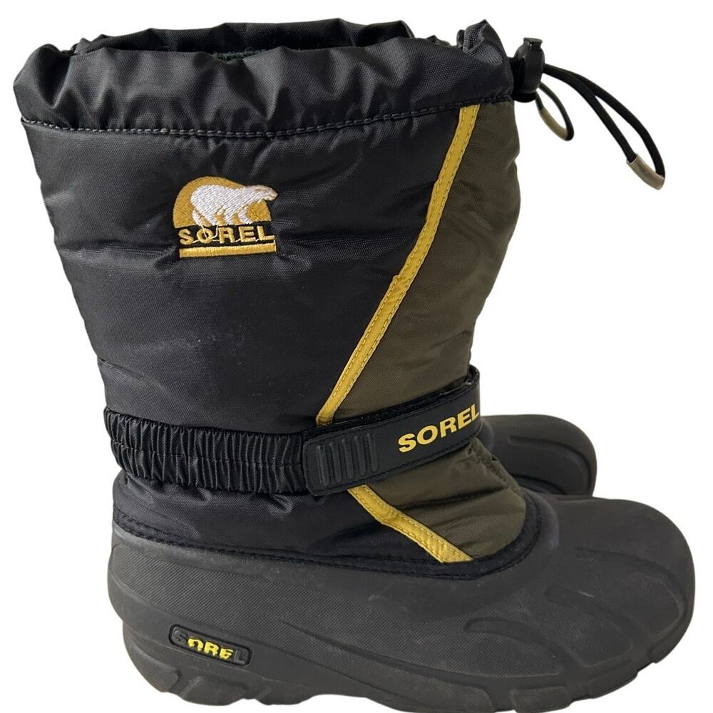 Sorel Flurry Winter Boots Big Kids Black/Green Sz 7 Waterproof Outdoor Insulated